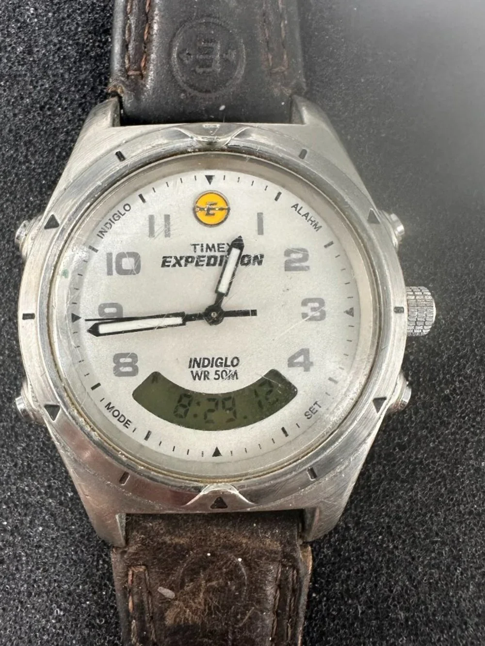 Timex Expedition Mens Watch 38mm Silver Tone Indiglo Brown Leather New Battery